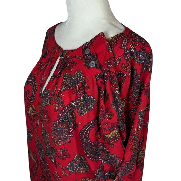 Loft Womens Blouse Size M Red Paisley Boatneck Long Sleeve Boho Artsy Maximalism - Picture 4 of 7